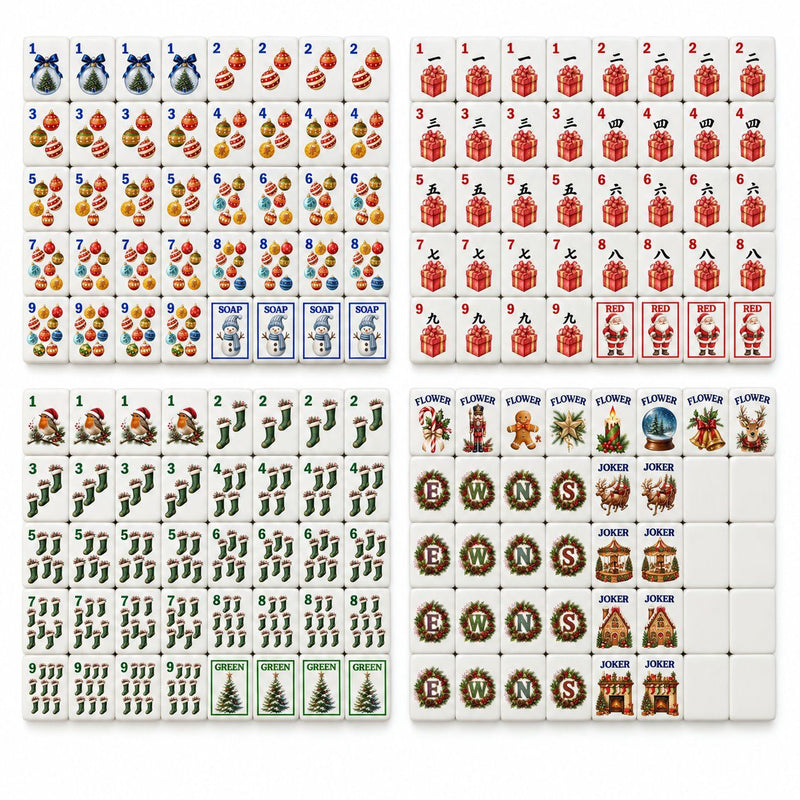 Classic Christmas mahjong set laid out: ornament Dots, gift-box Craks, stocking Bams, flowers, wreath winds, jokers, blanks