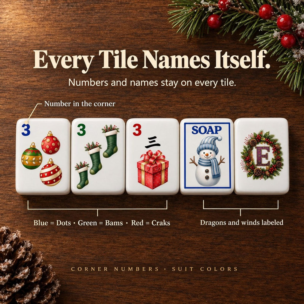 Five Christmas mahjong tiles with corner numbers: blue 3 Dot, green 3 Bam, red 3 Crak, Soap snowman and E wind wreath