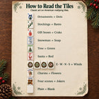 Christmas mahjong tile key: ornaments are Dots, stockings Bams, gift boxes Craks, snowman Soap, tree Green, Santa Red