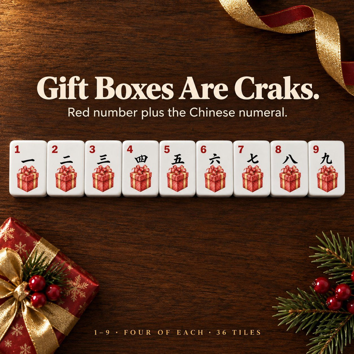 Gift-box Craks 1 to 9, each with a red corner number and its Chinese numeral above a red present