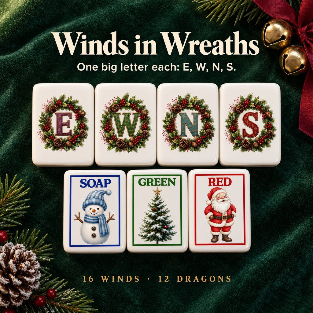 Christmas mahjong winds E, W, N, S in holly wreaths above Soap snowman, Green tree and Red Santa dragons