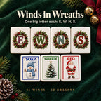 Christmas mahjong winds E, W, N, S in holly wreaths above Soap snowman, Green tree and Red Santa dragons