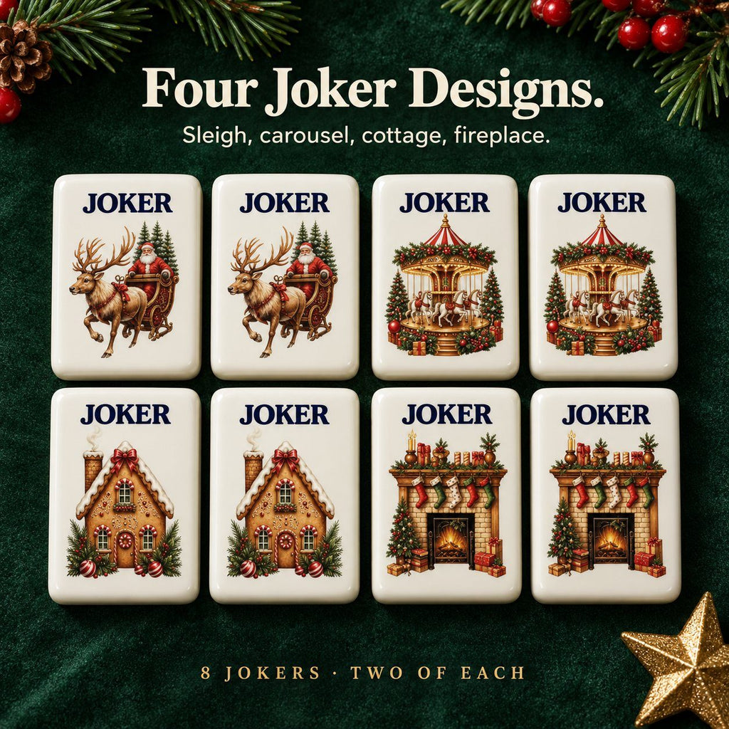 Eight Christmas mahjong jokers, two of each design: Santa sleigh, carousel, gingerbread cottage and fireplace