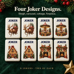 Eight Christmas mahjong jokers, two of each design: Santa sleigh, carousel, gingerbread cottage and fireplace