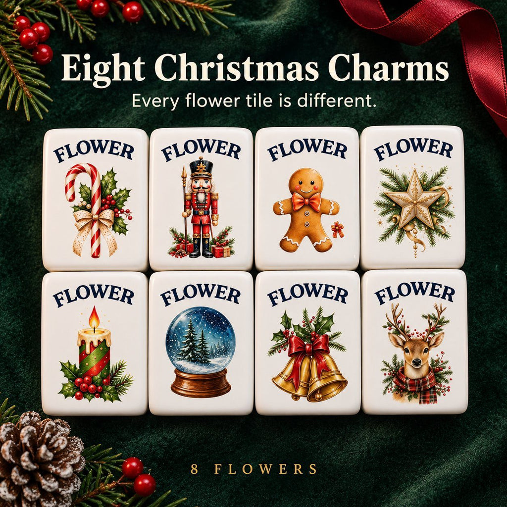 Eight Christmas flower tiles: candy cane, nutcracker, gingerbread man, star, candle, snow globe, bells, reindeer