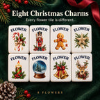 Eight Christmas flower tiles: candy cane, nutcracker, gingerbread man, star, candle, snow globe, bells, reindeer