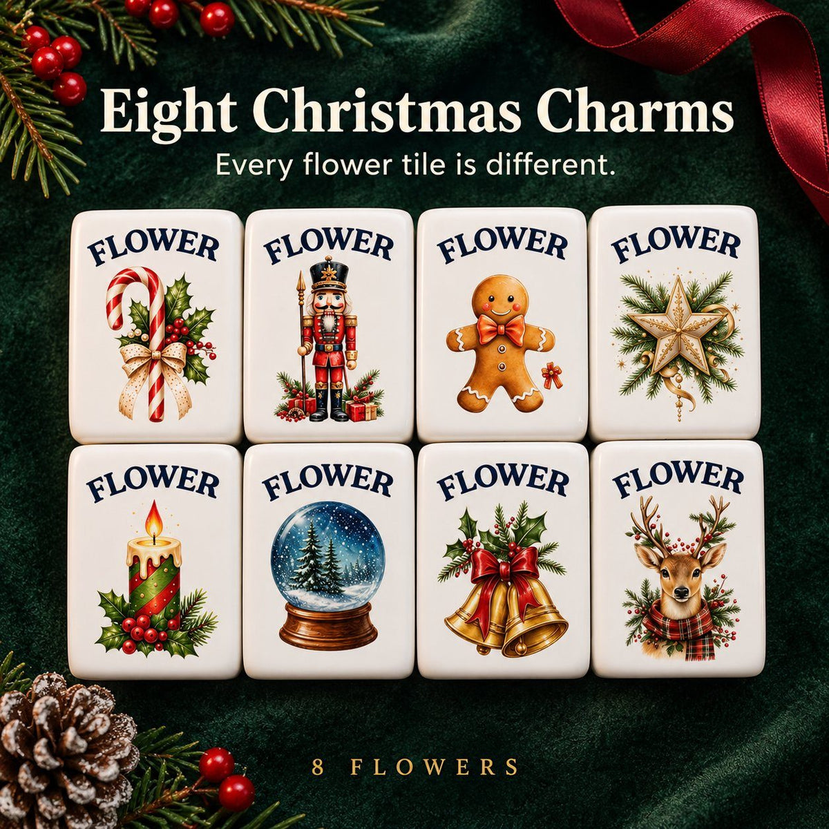 Eight Christmas flower tiles: candy cane, nutcracker, gingerbread man, star, candle, snow globe, bells, reindeer