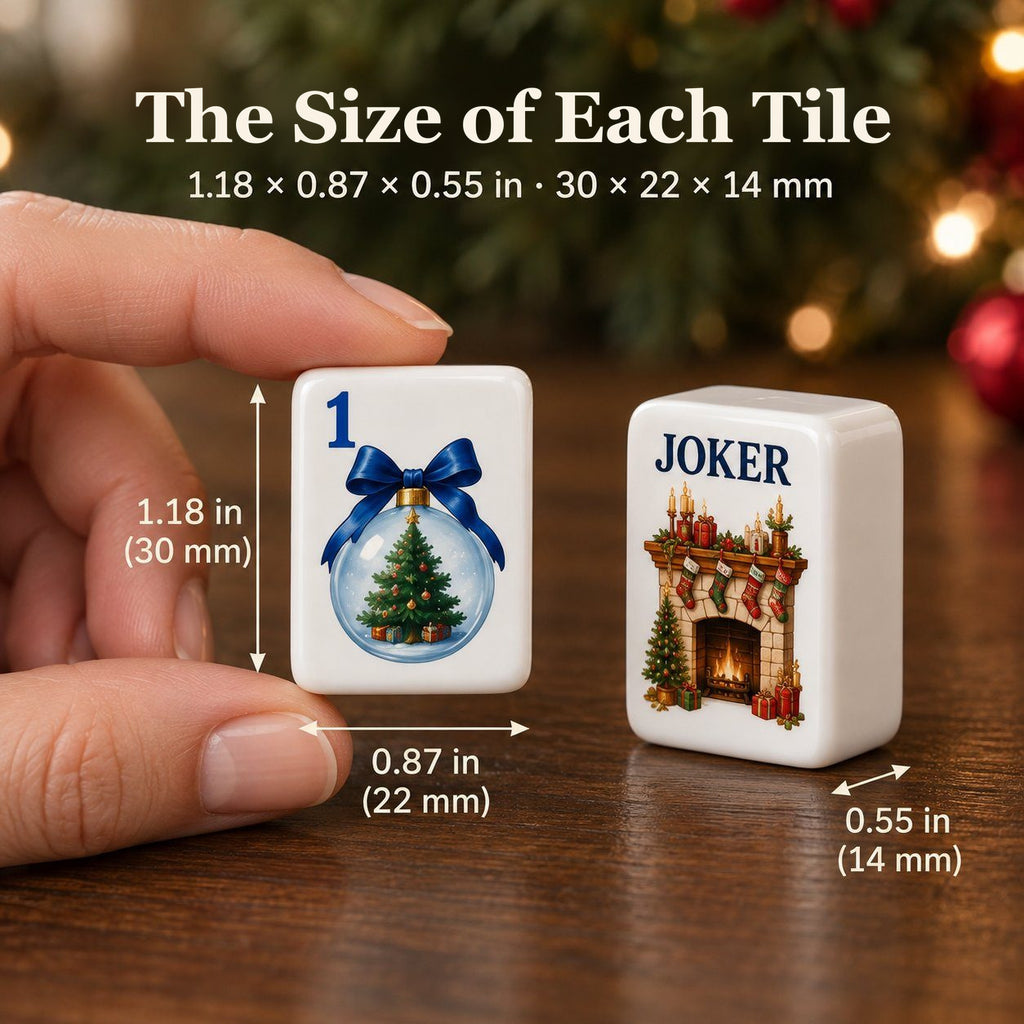 Hand holding a Christmas 1 Dot tile next to a fireplace Joker, sized 1.18 x 0.87 x 0.55 in (30 x 22 x 14 mm)