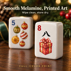 Close-up of a blue 5 Dot ornament tile and a red 8 Crak gift-box tile in smooth melamine with full-color art