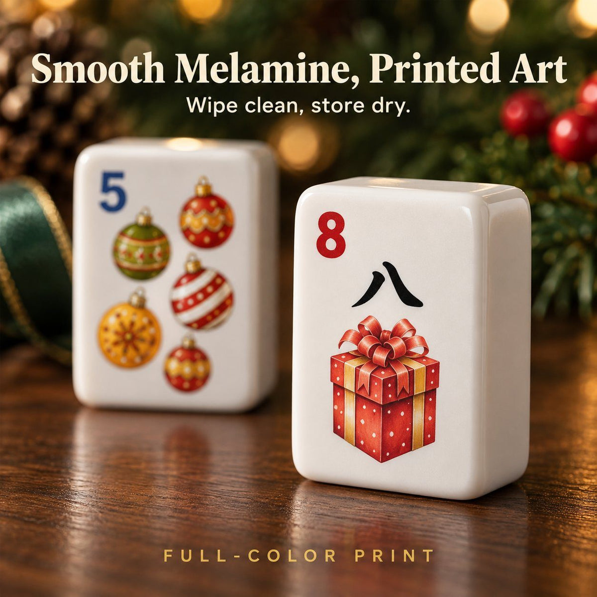 Close-up of a blue 5 Dot ornament tile and a red 8 Crak gift-box tile in smooth melamine with full-color art