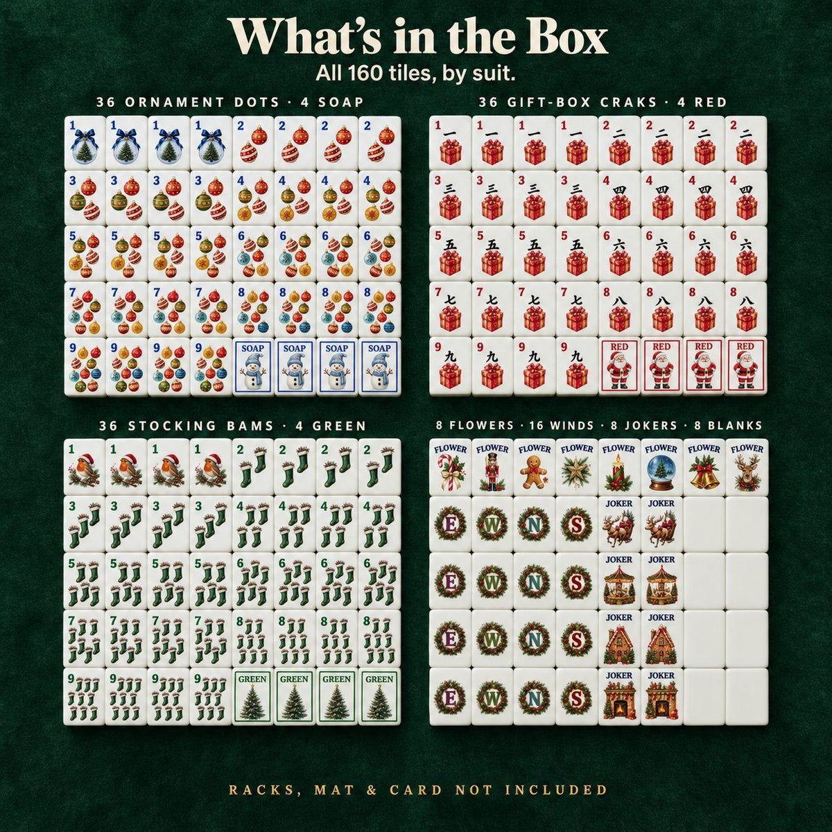 All 160 Classic Christmas mahjong tiles by suit: Dots, Craks, Bams, dragons, 8 flowers, 16 winds, 8 jokers, 8 blanks