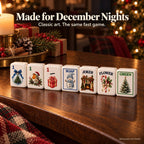 Christmas mahjong tiles on a wooden table: 1 Dot, 1 Bam, 1 Crak, Soap, fireplace Joker, Flower and Green