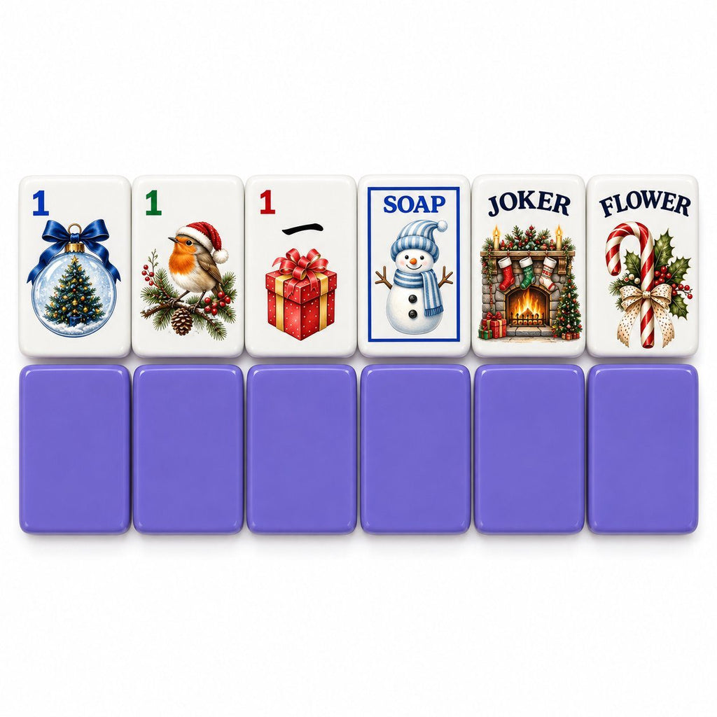 Christmas mahjong tiles 1 Dot, 1 Bam, 1 Crak, Soap, Joker and Flower above six purple tile backs