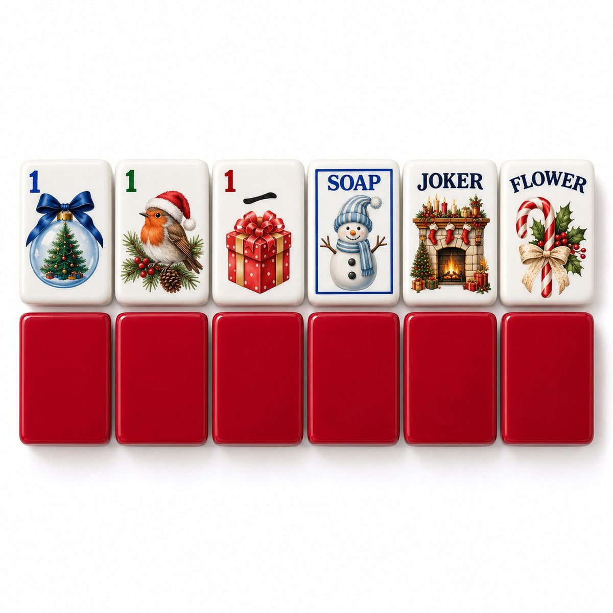 Christmas mahjong tiles 1 Dot, 1 Bam, 1 Crak, Soap, Joker and Flower above six deep red tile backs