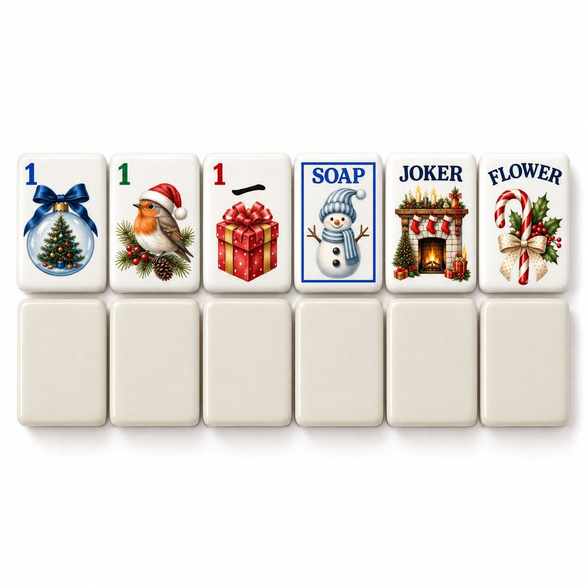 Christmas mahjong tiles 1 Dot, 1 Bam, 1 Crak, Soap, Joker and Flower above six ivory white tile backs