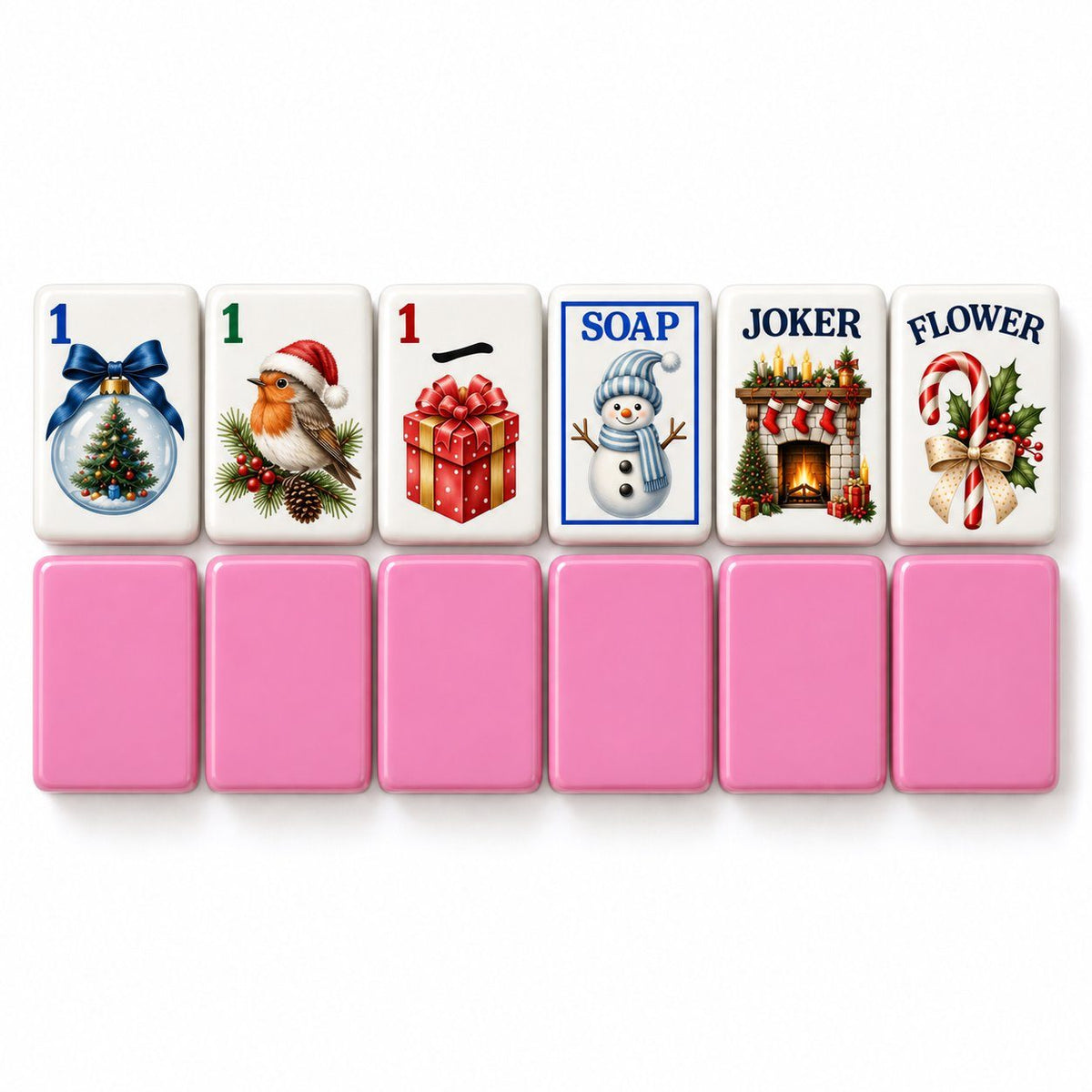 Christmas mahjong tiles 1 Dot, 1 Bam, 1 Crak, Soap, Joker and Flower above six pink tile backs