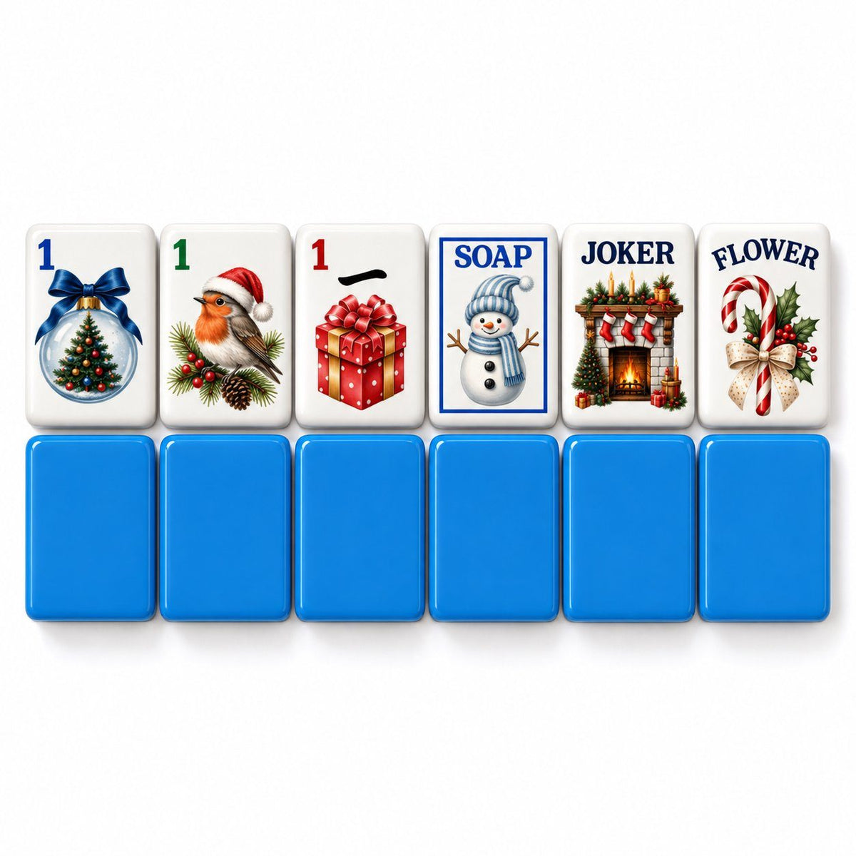 Christmas mahjong tiles 1 Dot, 1 Bam, 1 Crak, Soap, Joker and Flower above six blue tile backs