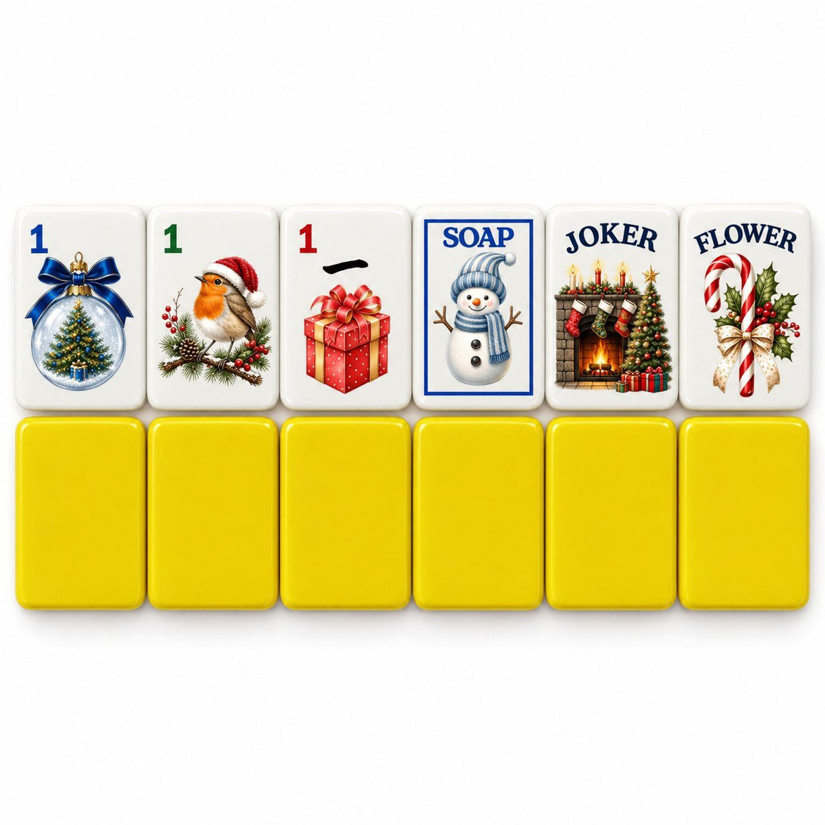 Christmas mahjong tiles 1 Dot, 1 Bam, 1 Crak, Soap, Joker and Flower above six yellow tile backs