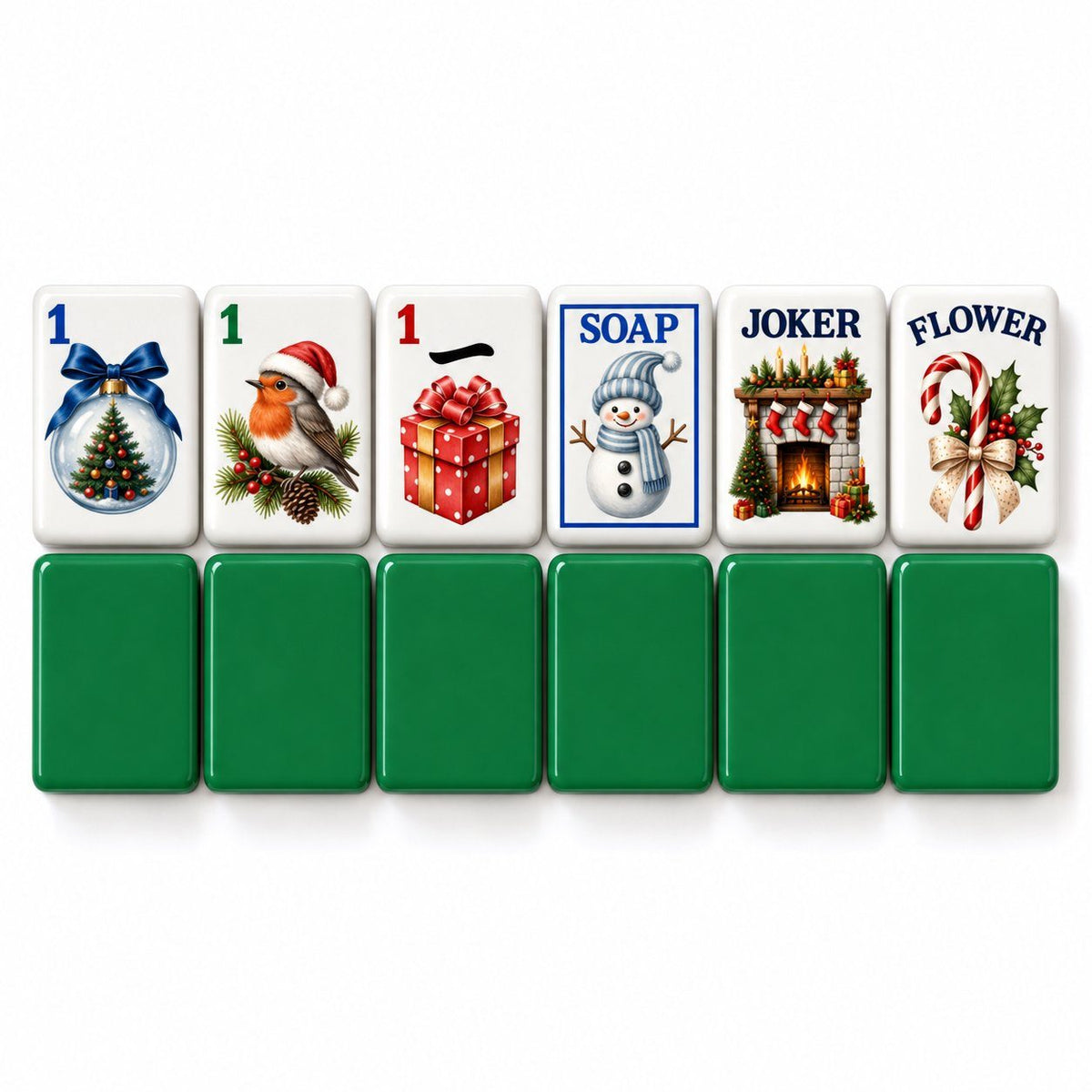 Christmas mahjong tiles 1 Dot, 1 Bam, 1 Crak, Soap, Joker and Flower above six green tile backs