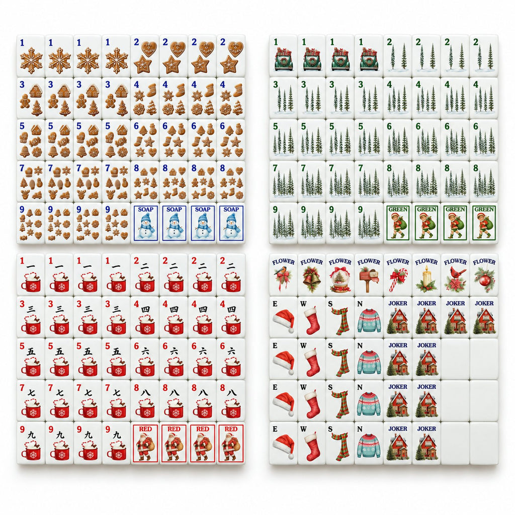 Full 160-tile Cozy Christmas mahjong set: gingerbread Dots, pine Bams, cocoa Craks, winds, flowers, 10 jokers, 6 blanks