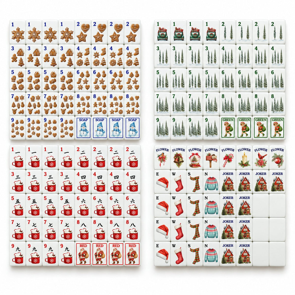Full 160-tile Cozy Christmas mahjong set: gingerbread Dots, pine Bams, cocoa Craks, winds, flowers, 10 jokers, 6 blanks