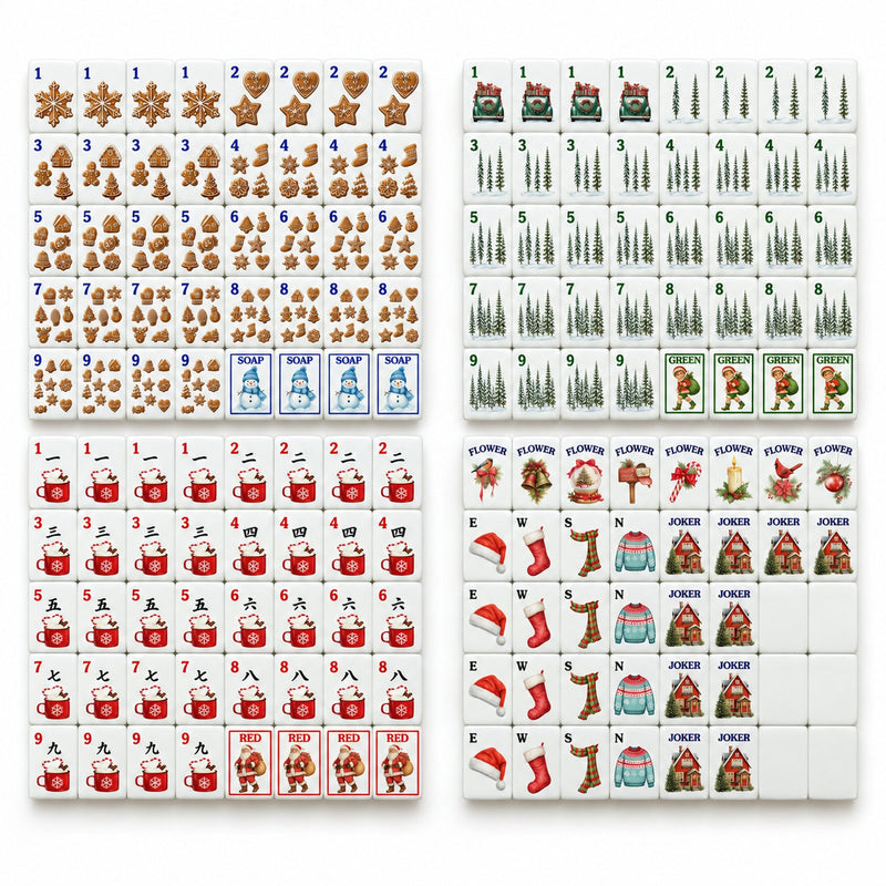 Full 160-tile Cozy Christmas mahjong set: gingerbread Dots, pine Bams, cocoa Craks, winds, flowers, 10 jokers, 6 blanks
