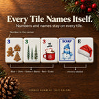 Christmas mahjong tiles with corner numbers: blue 3 Dot, green 3 Bam, red 3 Crak, snowman SOAP, Santa hat East wind