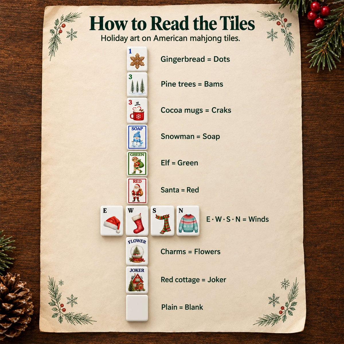 Key chart for Christmas mahjong: gingerbread Dots, pine Bams, cocoa Craks, dragons, E W S N winds, flower, joker, blank