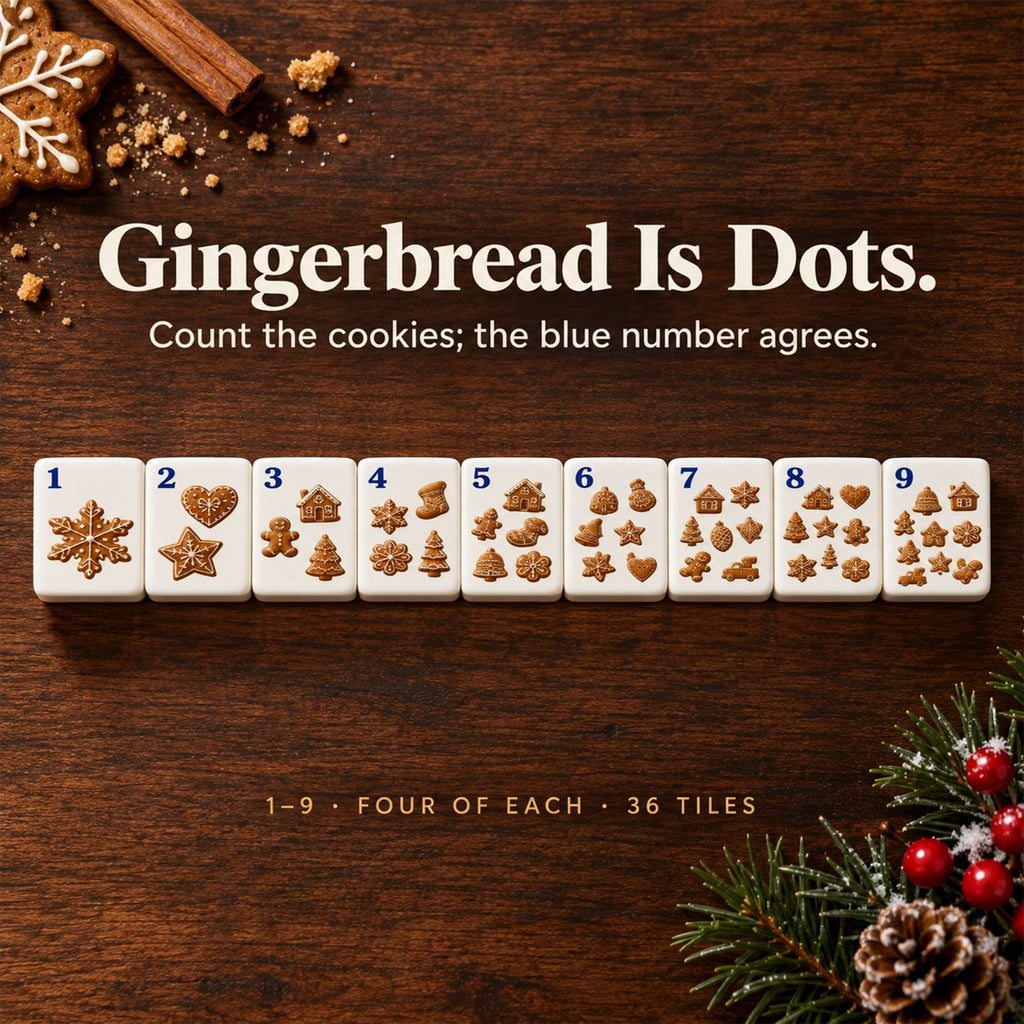 Gingerbread cookie Dots 1 to 9 with blue corner numbers on a wood table with cinnamon and cookie crumbs