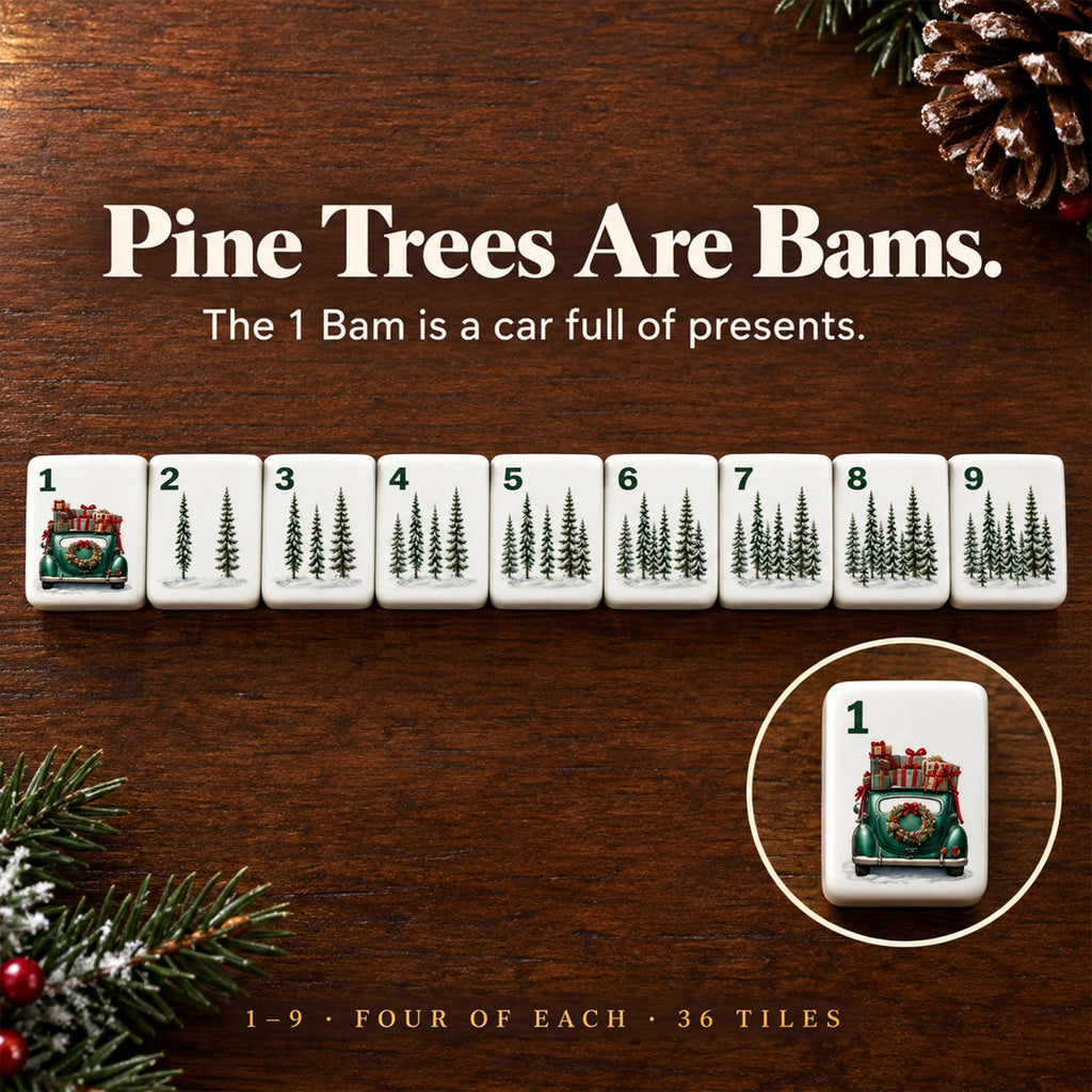 Pine tree Bams 1 to 9 with green corner numbers; the 1 Bam is a green vintage car loaded with presents