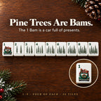 Pine tree Bams 1 to 9 with green corner numbers; the 1 Bam is a green vintage car loaded with presents