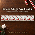 Cocoa mug Craks 1 to 9 with red corner numbers and Chinese numerals, beside candy canes and a marshmallow