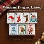 Christmas winds and dragons: Santa hat E, stocking W, scarf S, sweater N, snowman SOAP, elf GREEN, Santa RED