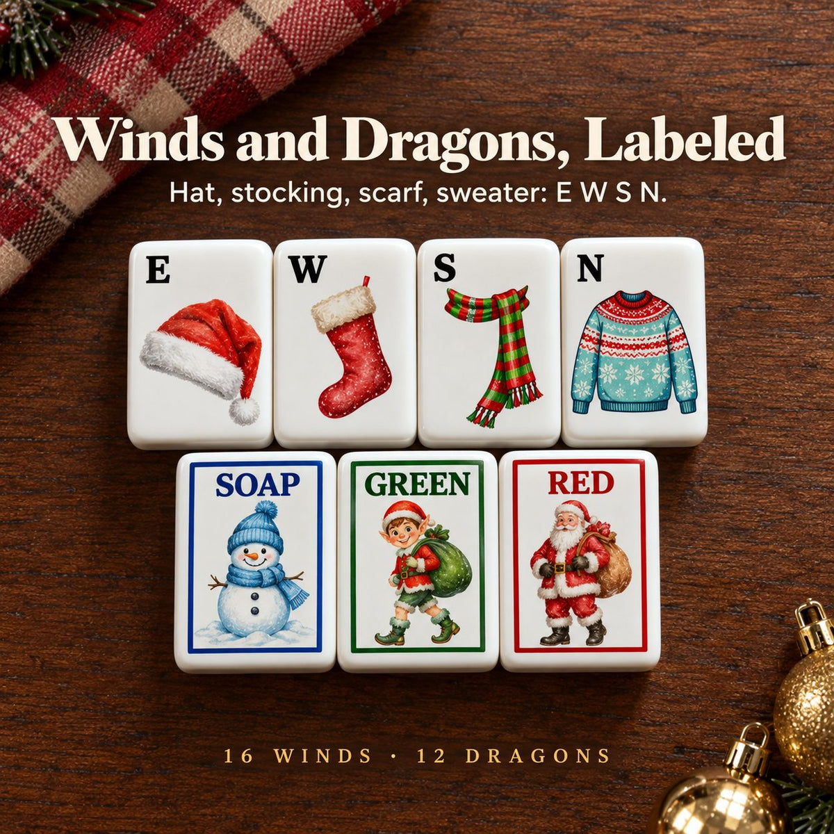 Christmas winds and dragons: Santa hat E, stocking W, scarf S, sweater N, snowman SOAP, elf GREEN, Santa RED