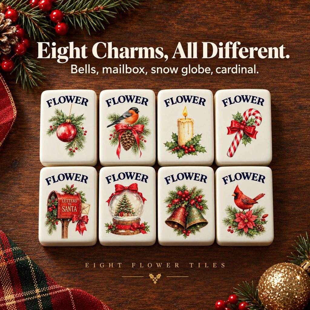 Eight different Christmas flower tiles: ornament, bullfinch, candle, candy cane, mailbox, snow globe, bells, cardinal