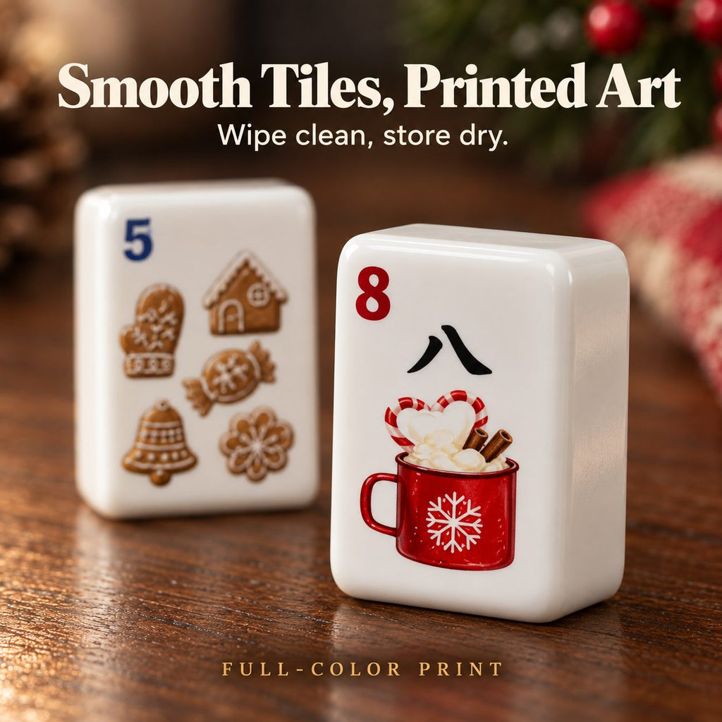 Close-up of a gingerbread 5 Dot and a cocoa mug 8 Crak tile with smooth surface and full-color printed art