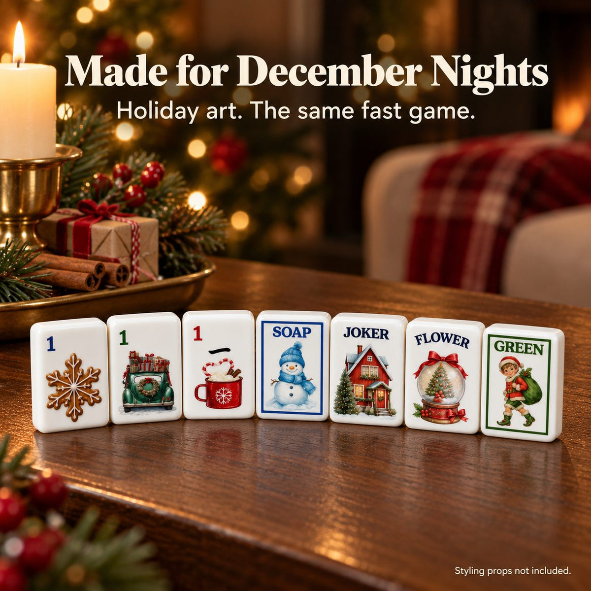 Christmas mahjong tiles on a cozy holiday table: 1 Dot, 1 Bam, 1 Crak, SOAP, Joker, Flower and Green