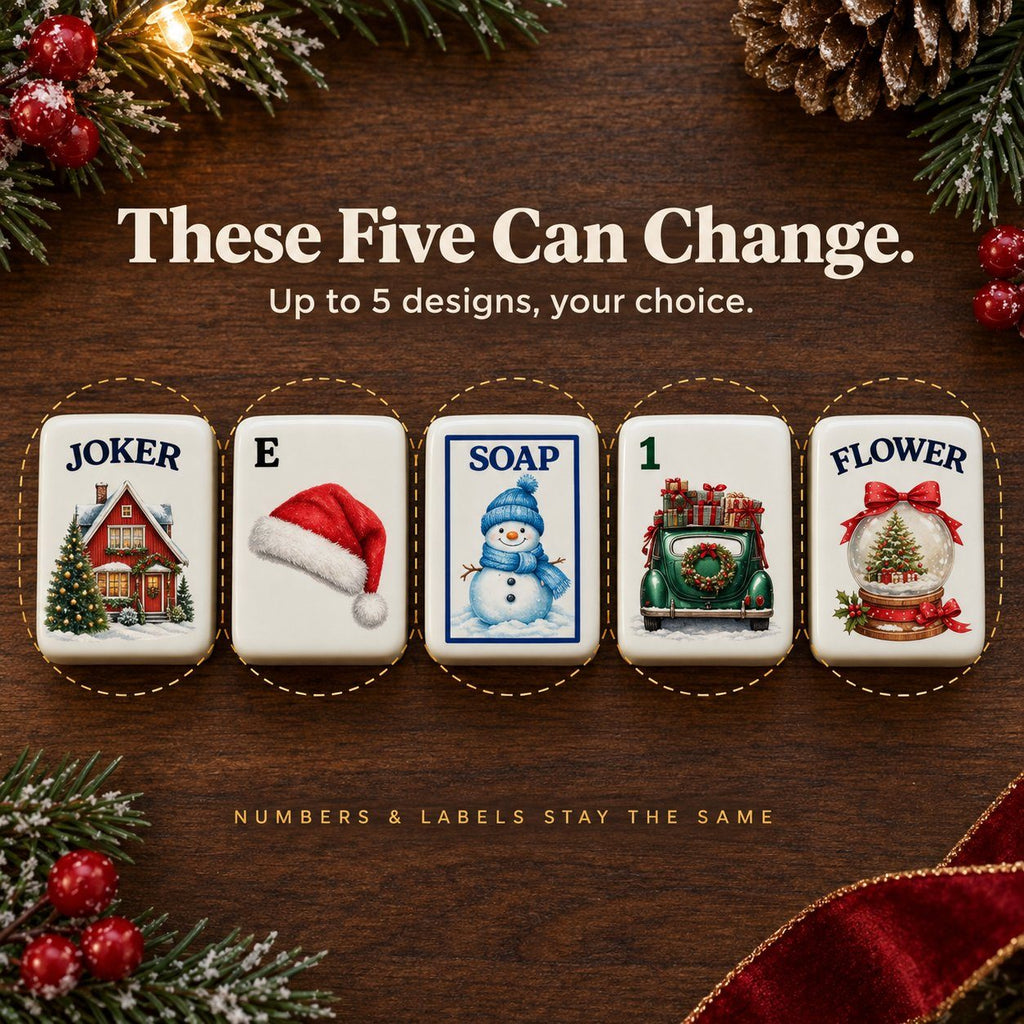 Five customizable Christmas tiles circled: cottage Joker, Santa hat E, snowman SOAP, car 1 Bam, snow globe Flower