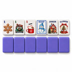 Christmas mahjong tile faces above purple tile backs: 1 Dot, 1 Bam, 1 Crak, SOAP, Joker and Flower