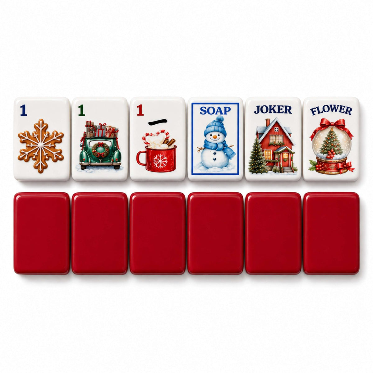 Christmas mahjong tile faces above deep red tile backs: 1 Dot, 1 Bam, 1 Crak, SOAP, Joker and Flower