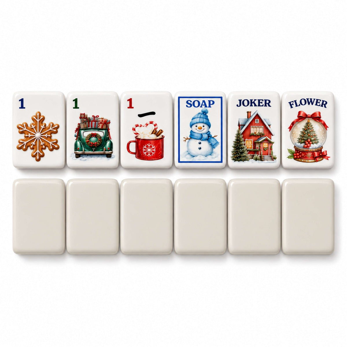 Christmas mahjong tile faces above ivory white tile backs: 1 Dot, 1 Bam, 1 Crak, SOAP, Joker and Flower