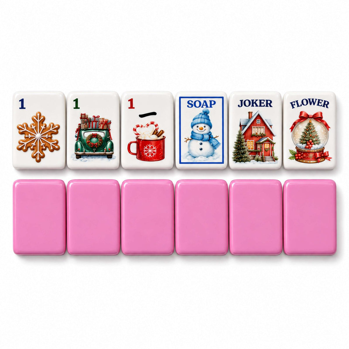 Christmas mahjong tile faces above pink tile backs: 1 Dot, 1 Bam, 1 Crak, SOAP, Joker and Flower