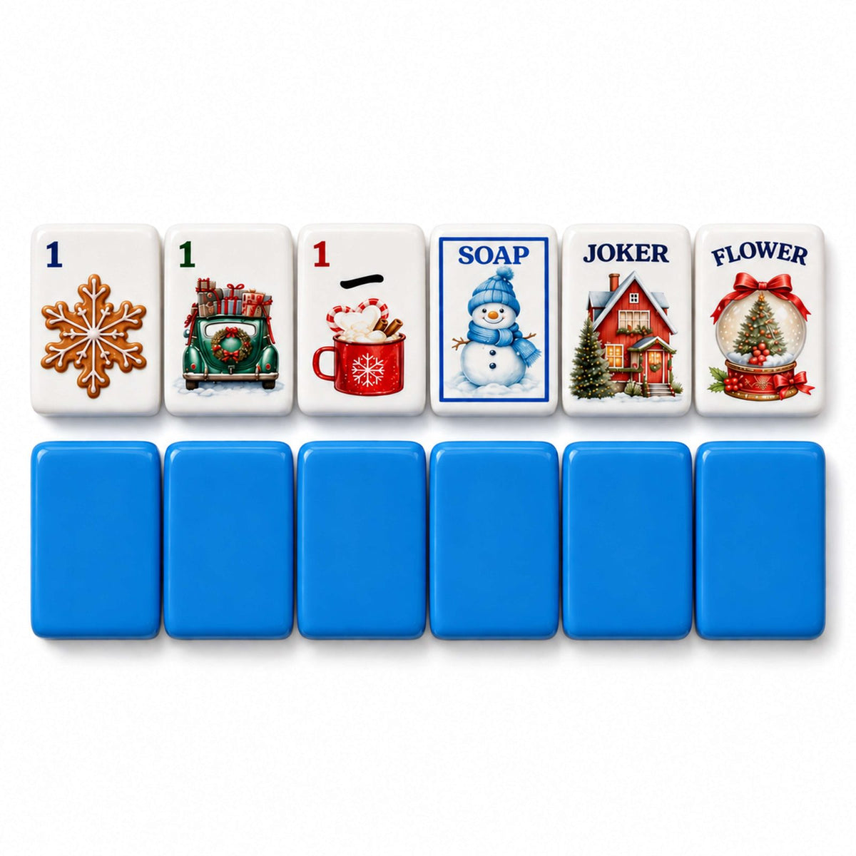 Christmas mahjong tile faces above blue tile backs: 1 Dot, 1 Bam, 1 Crak, SOAP, Joker and Flower