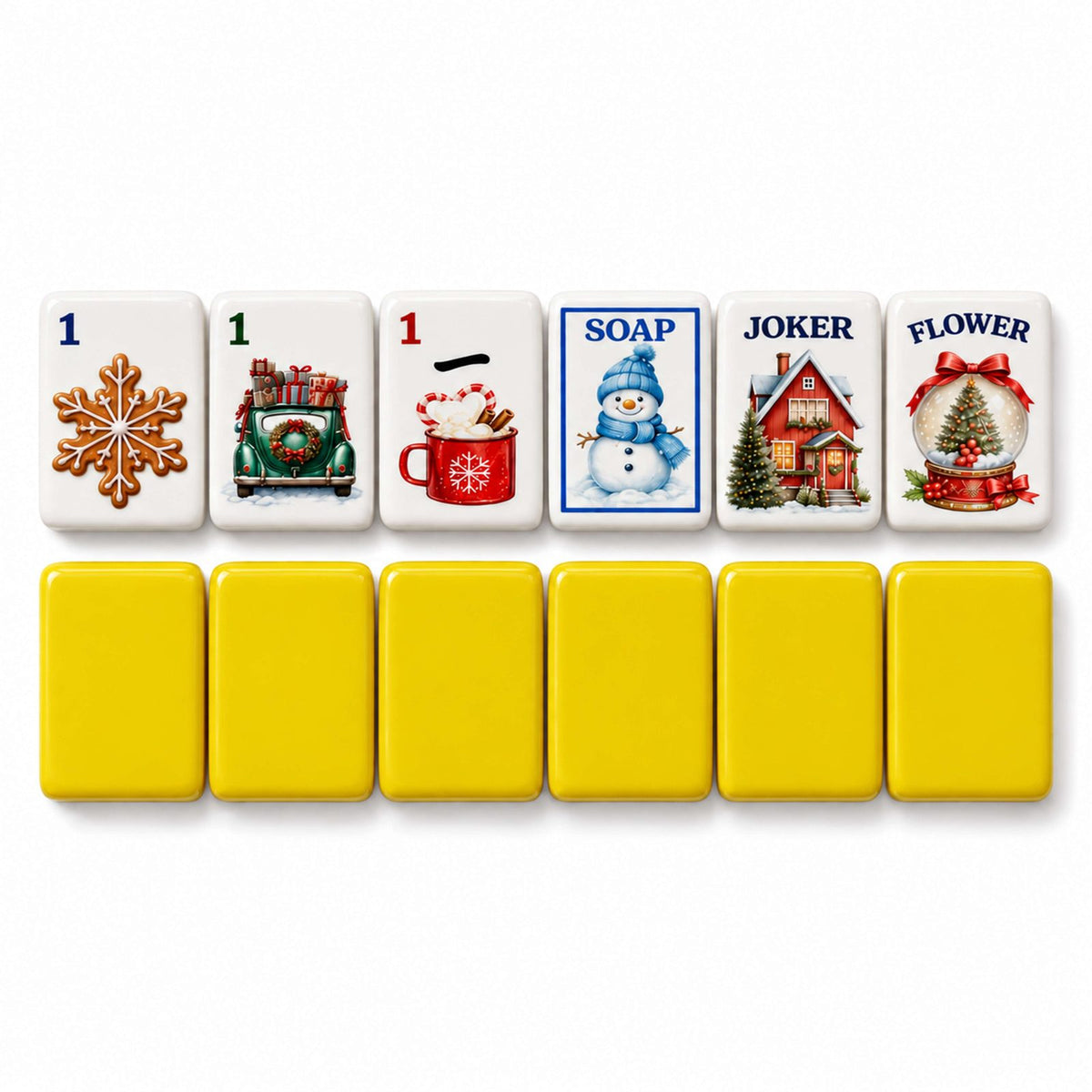 Christmas mahjong tile faces above yellow tile backs: 1 Dot, 1 Bam, 1 Crak, SOAP, Joker and Flower