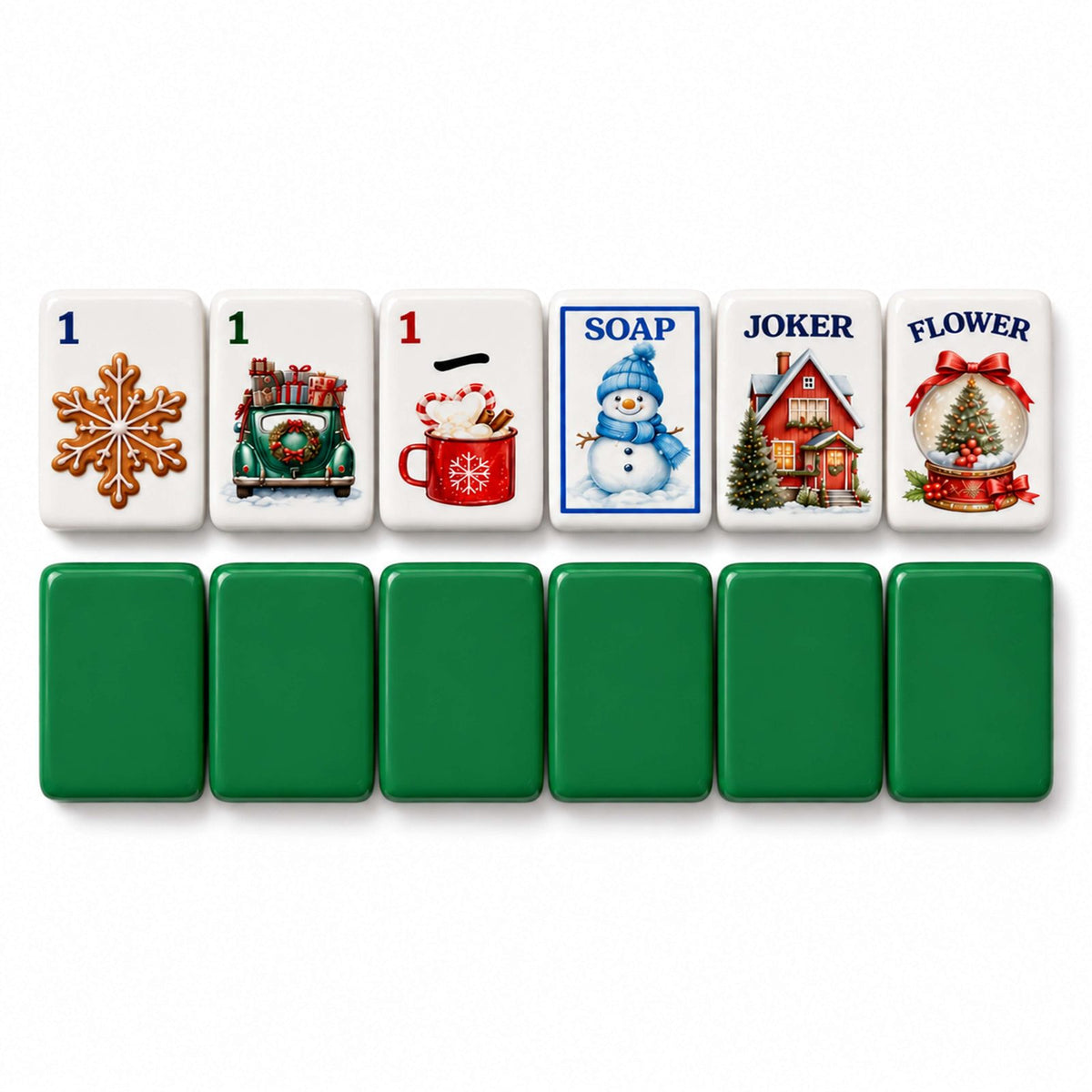 Christmas mahjong tile faces above green tile backs: 1 Dot, 1 Bam, 1 Crak, SOAP, Joker and Flower