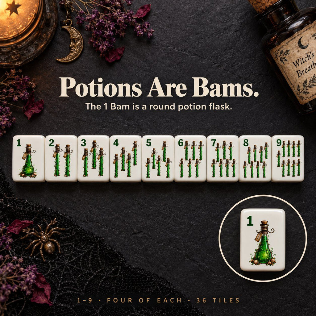 Potion Bams tiles 1 to 9 with green corner numbers; the 1 Bam is a round green potion flask, shown enlarged