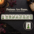 Potion Bams tiles 1 to 9 with green corner numbers; the 1 Bam is a round green potion flask, shown enlarged