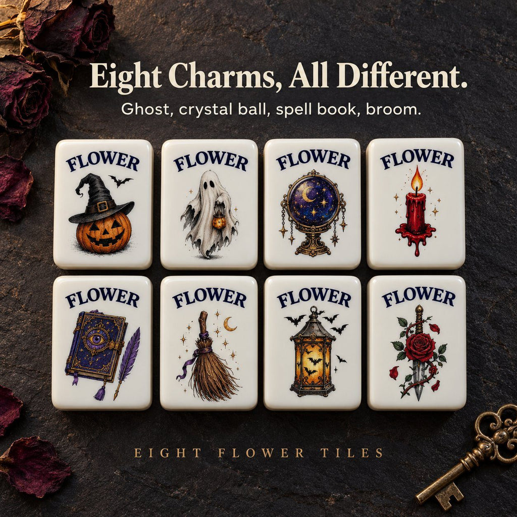 Eight different Flower tiles: pumpkin, ghost, crystal ball, candle, spell book, broom, lantern and rose dagger