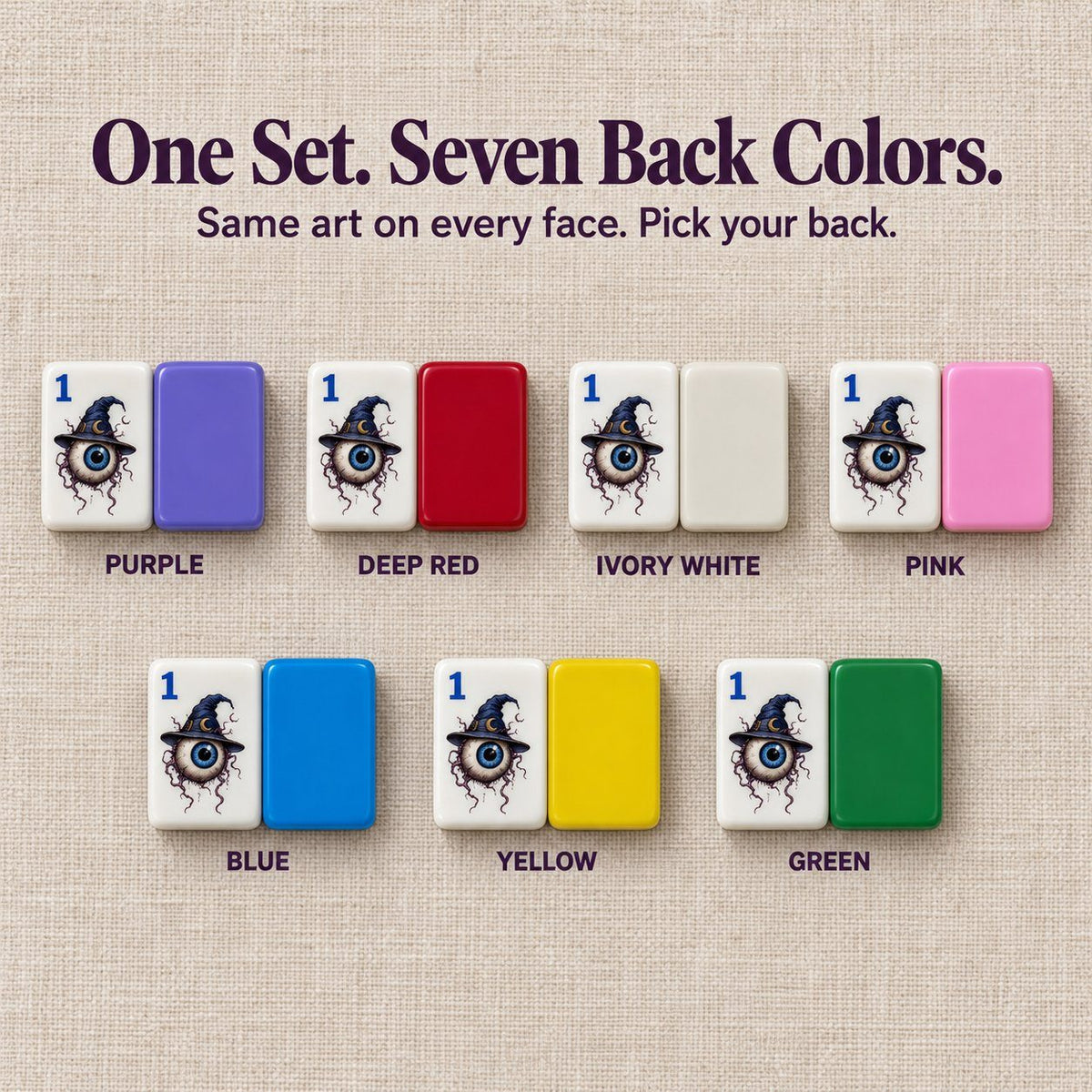 1 Dot eyeball tile beside seven back colors: purple, deep red, ivory white, pink, blue, yellow and green