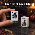 Hand holding a 1 Dot eyeball tile next to a castle Joker tile, sized 1.18 x 0.87 x 0.55 in (30 x 22 x 14 mm)
